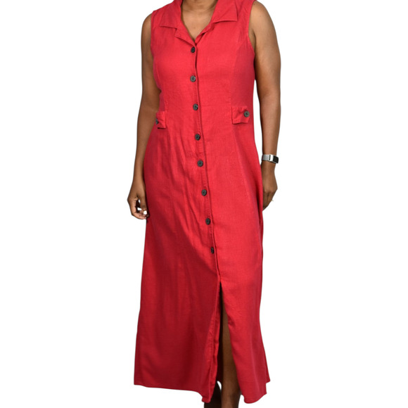 Vintage Erika Linen Blend Dress Red Maxi Cutout Button Front Shirtdress Medium - Picture 14 of 15